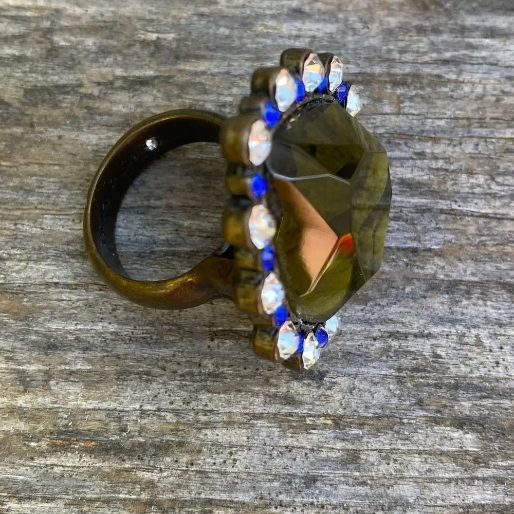 Betsey Johnson In The Navy Khaki Green Olive & Blue Crystal Heart Ring Size7 EUC